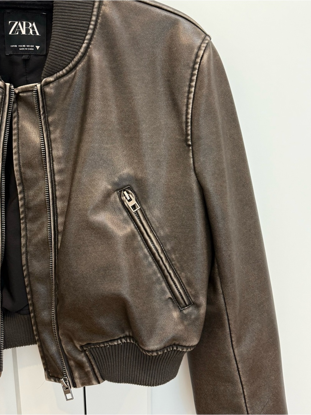 Zara Brown Faux-Leather Cropped Bomber Jacket - Picture 3 of 12